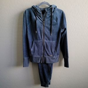 Calvin Klein Teal Blue Velour Zip Up Hooded Sweatshirt Joggers Set Sz Small